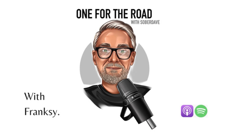 One for the road - podcast cover featuring a cartoon face of Sober Dave with a mic