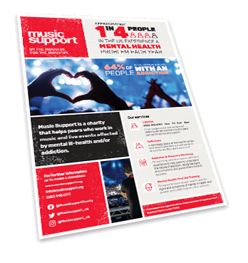 Tilted front cover of the Music Support one-pager